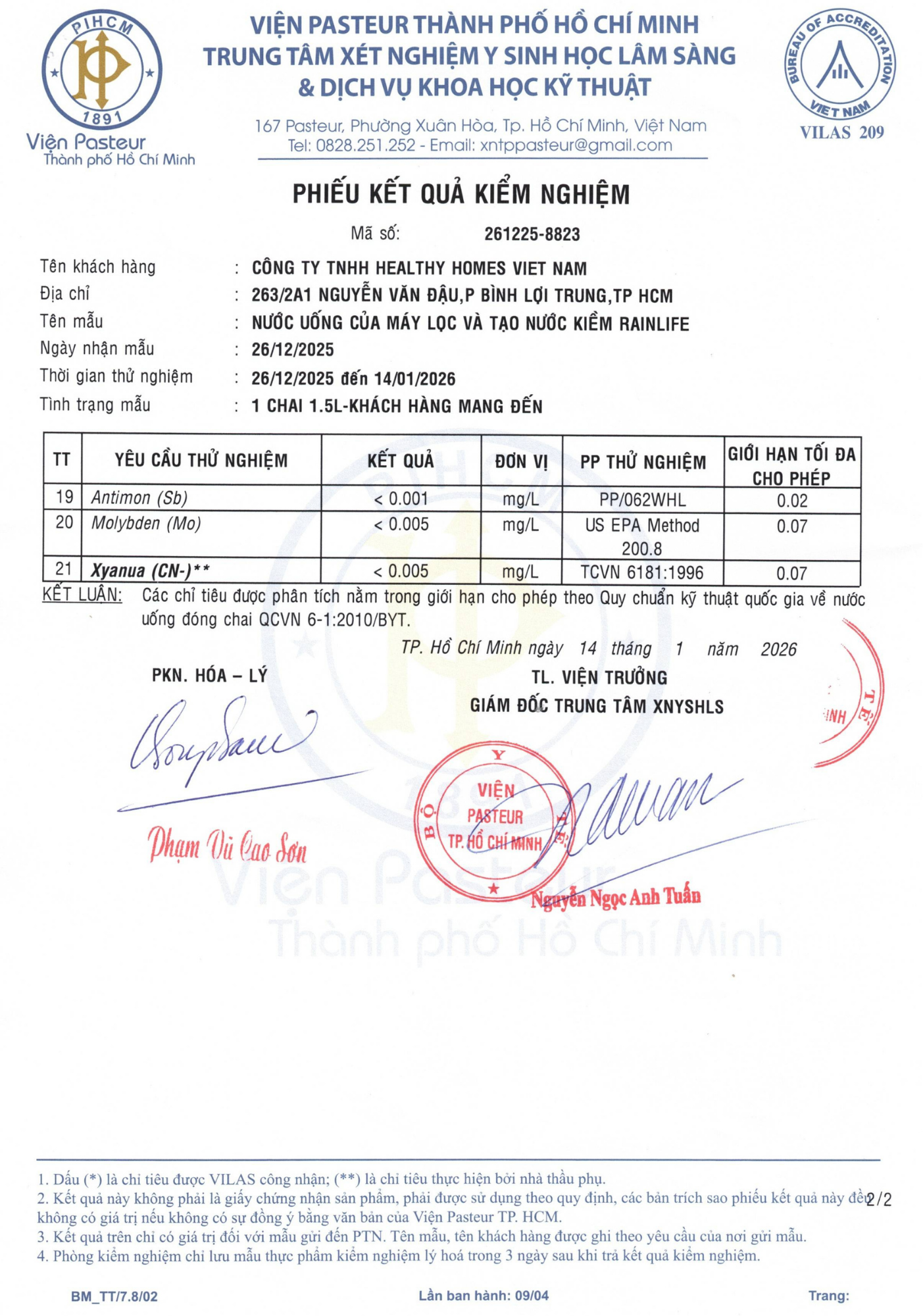 Kết quả kiểm định nước của Rainlife
